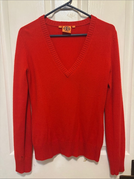 Tory Burch Sweaters - Tory Burch Bright Red V-Neck Knit Sweater Sz Small